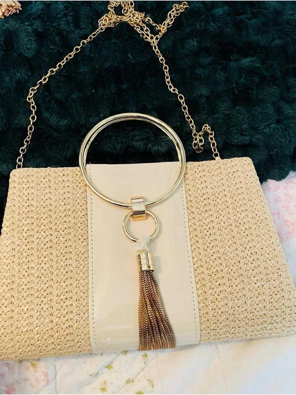 Neutral Straw Crossbody Bag with Gold Ring & Tassel